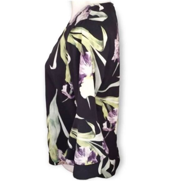 CAROLINA BELLE BLACK AND PURPLE IRIS PRINT BLOUSE SZ.S EUC. - Picture 2 of 5